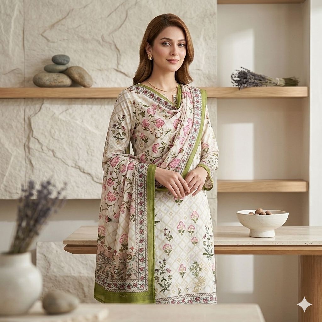 Hand-Crafted Elegance: 3-Piece Floral Suit with Signature Border