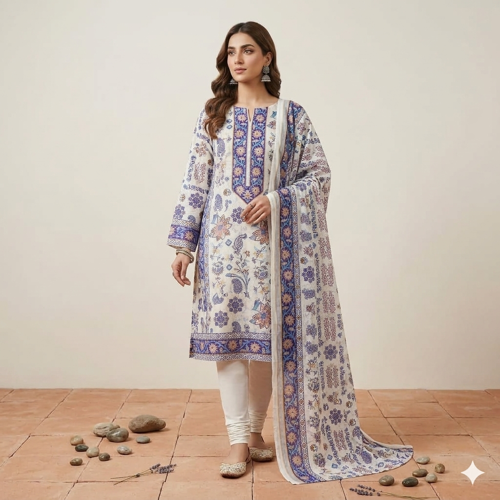 Indigo Elegance: Floral & Paisley Print 3-Piece Lawn Suit 🌸