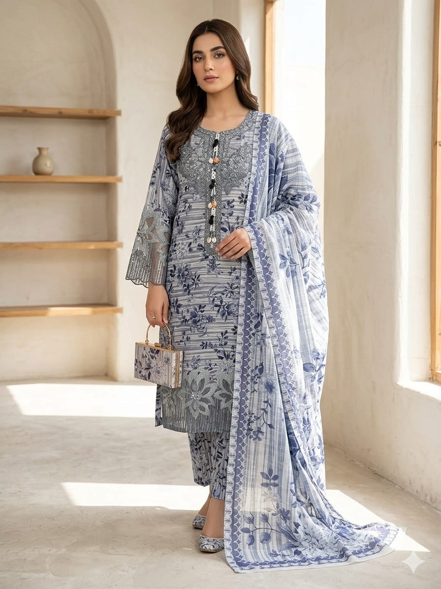 Serene Azure: 3-Piece Stitched Embroidered Lawn Suite with Matching Handbag