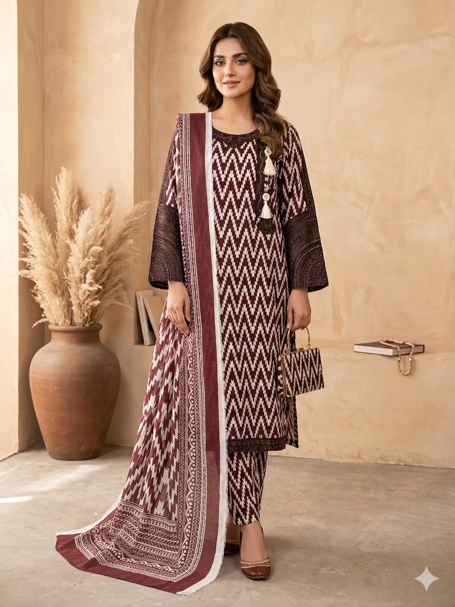 Elevated Chevron: 3-Piece Stitched Embroidered Lawn Suite with Matching Handbag