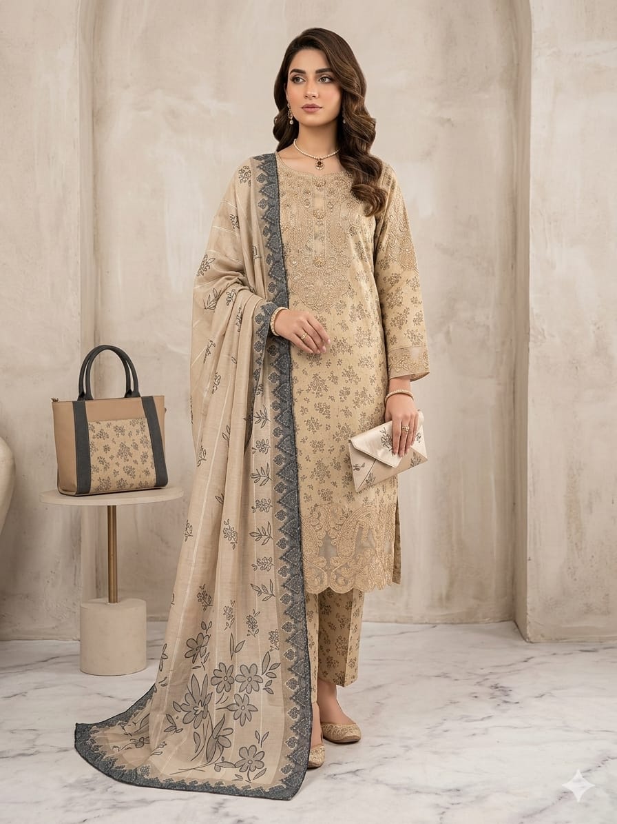 Golden Grace: 3-Piece Stitched Embroidered Lawn Suite