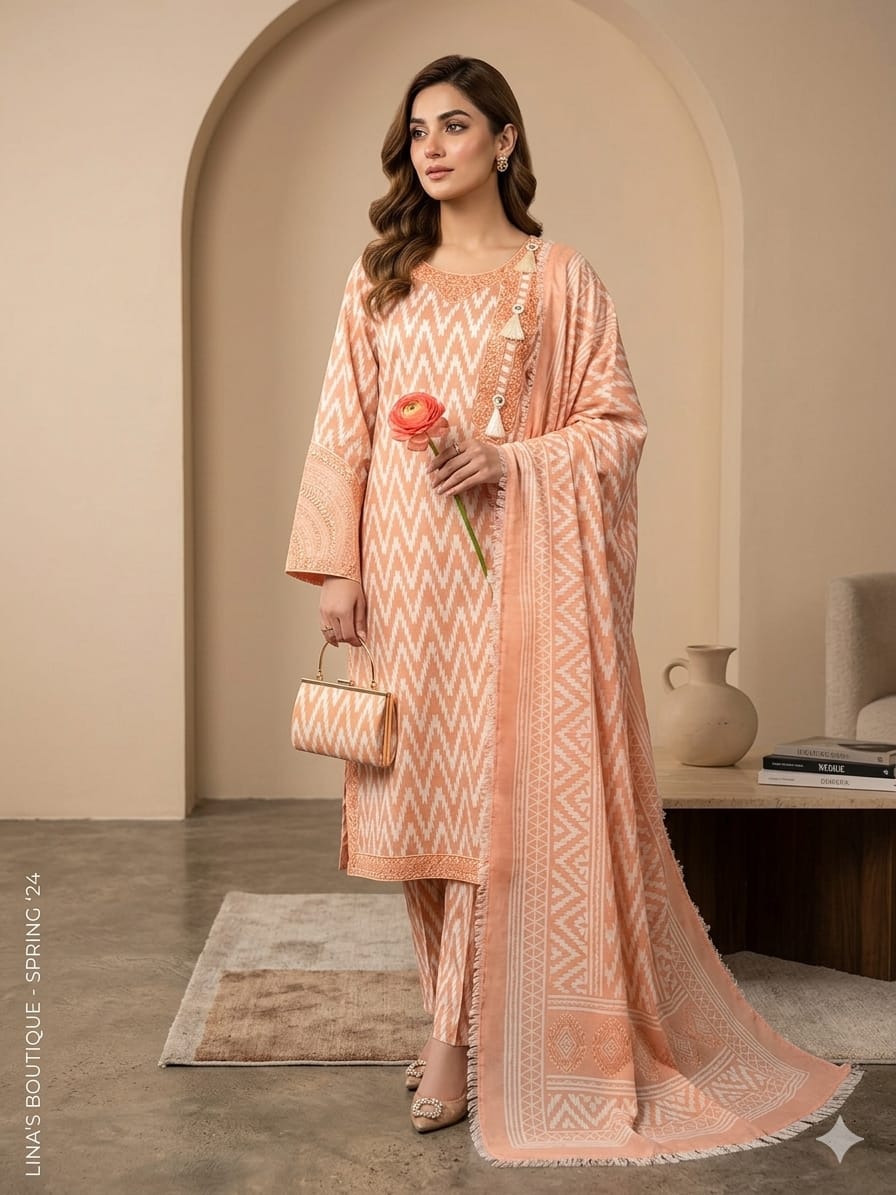 Peach Ikat: 3-Piece Stitched Embroidered Lawn Suit with Matching Clutch bag