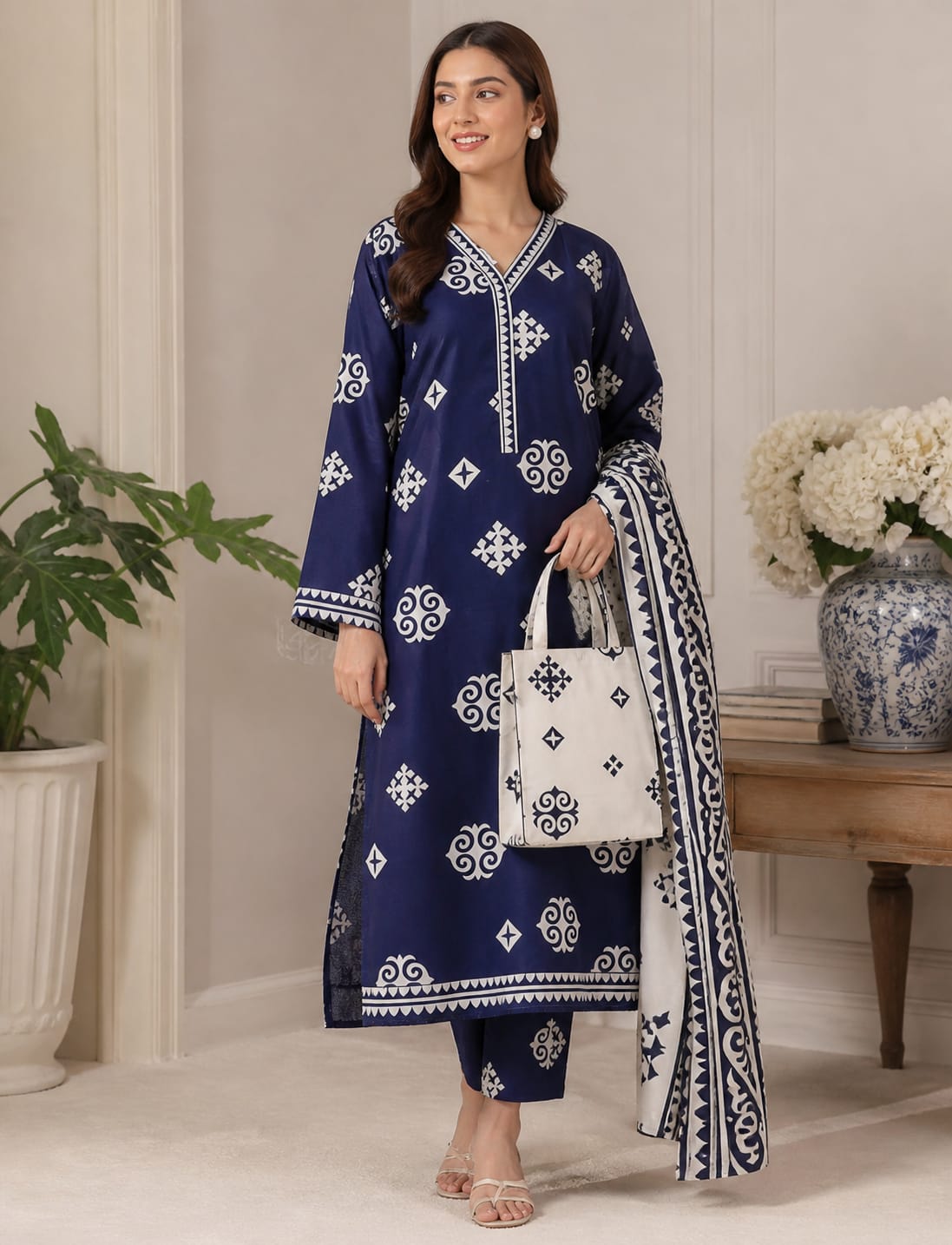 Royal Blue Geometric Print Kurta & Dupatta Set – 3-Piece Festive Collection