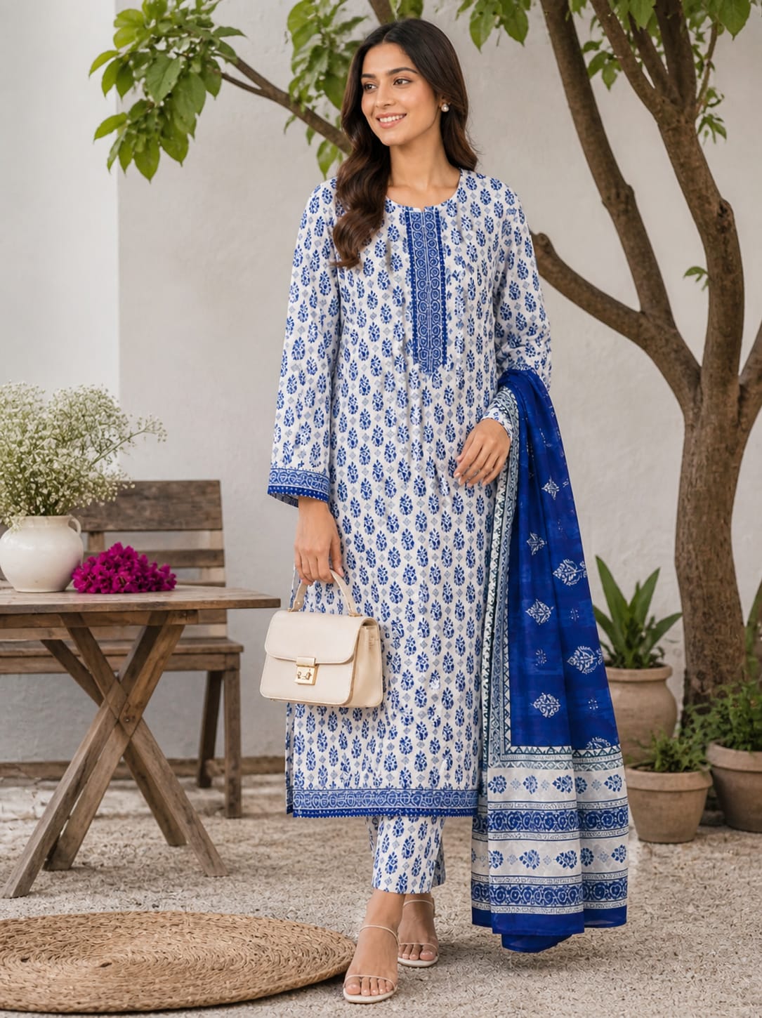 Cerulean Blue & White Floral Jaal Print 3-Piece Lawn Suite