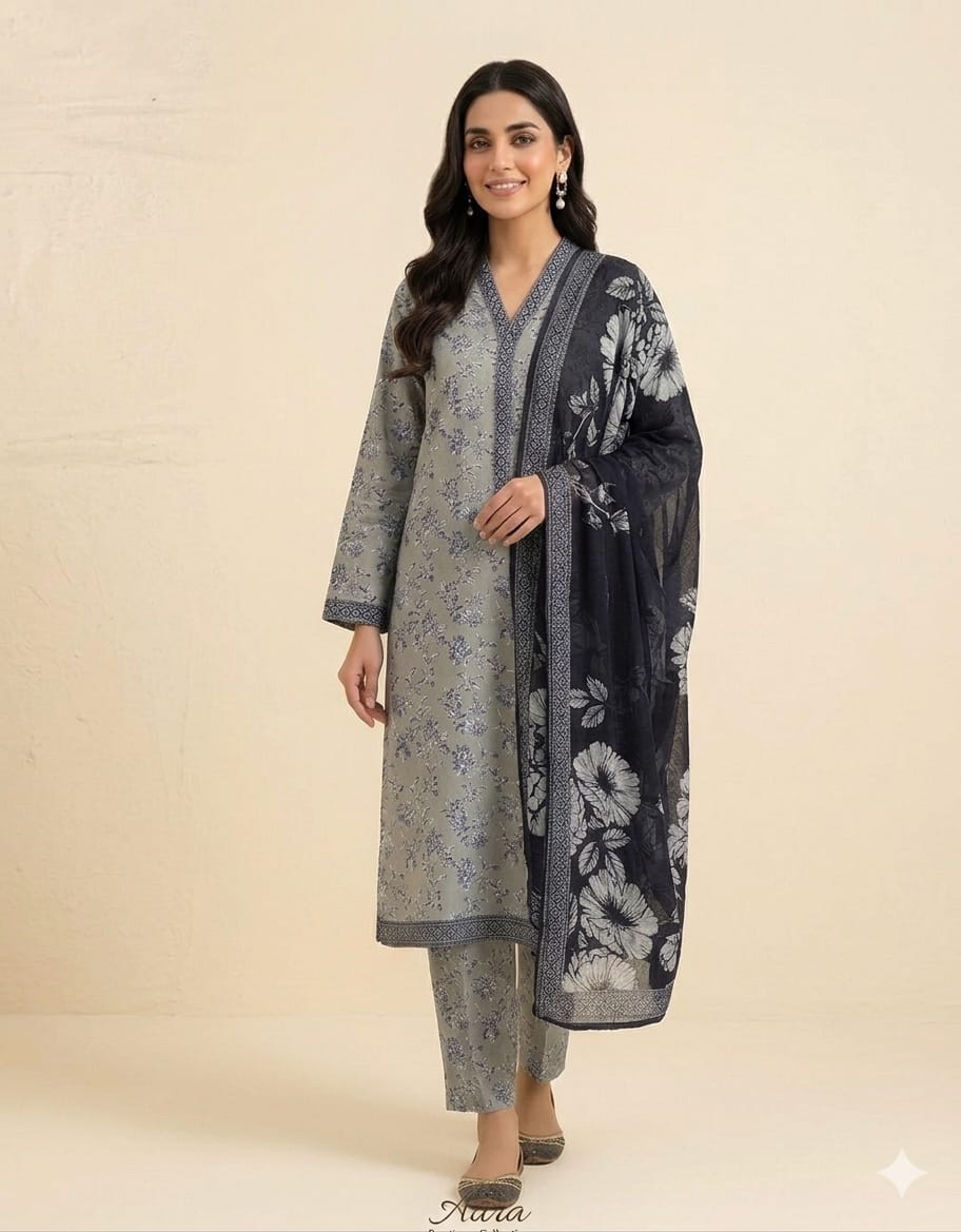 Serene Slate Floral stitched 3-Piece Suite