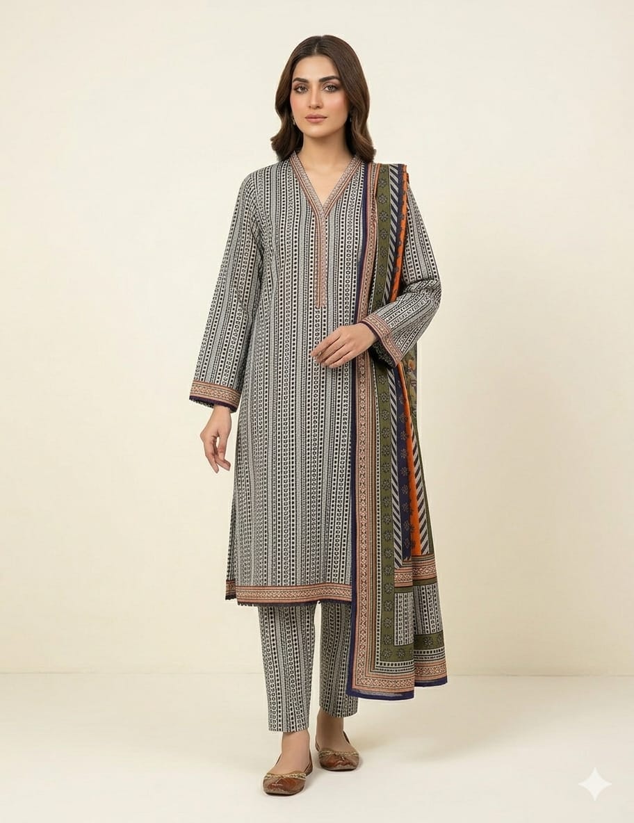 Monochrome Mosaic 3-Piece Stitched Ensemble
