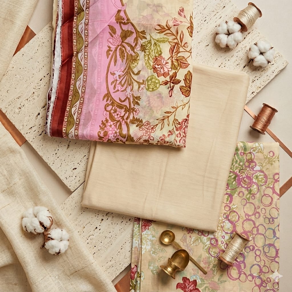 Beige Floral Un-Stitched Linen Ensemble