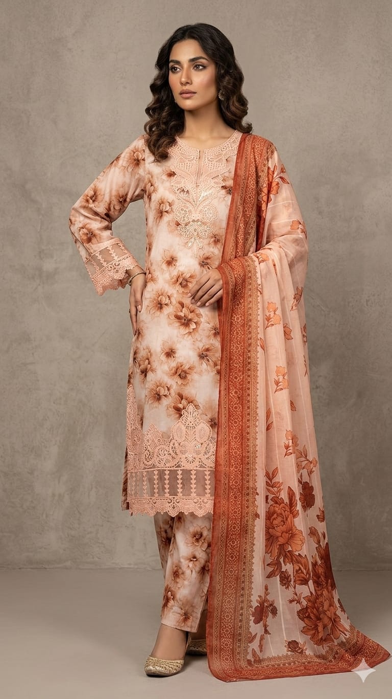 Peach Floral Rust-Accented Stitched 3-Piece Suite