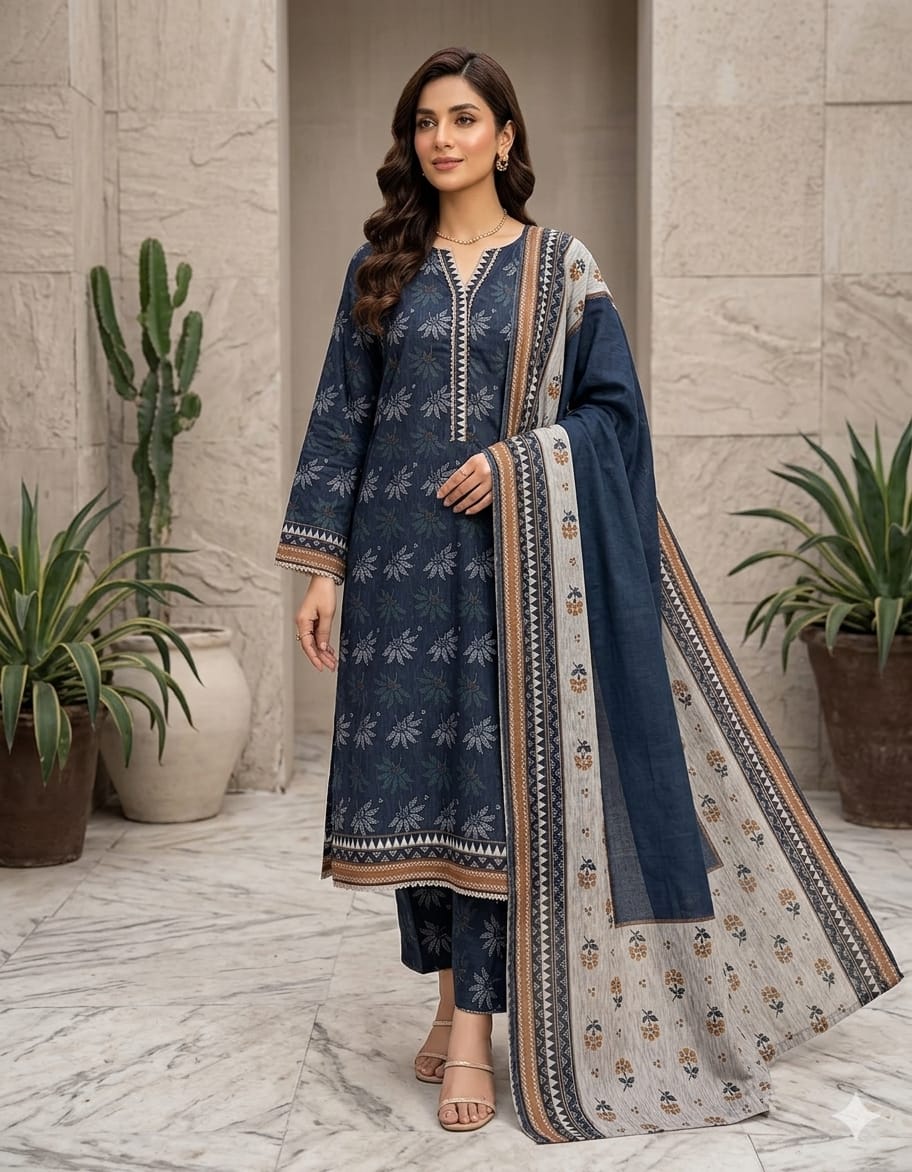 Midnight Indigo Floral Stitched 2-Piece Ensemble