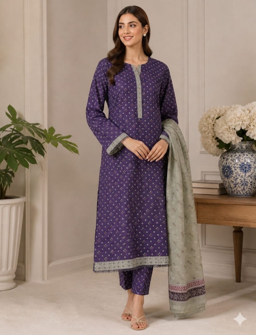 Deep Plum Plum Floral Print 3-Piece Lawn Ensemble with Sage Green Dupatta