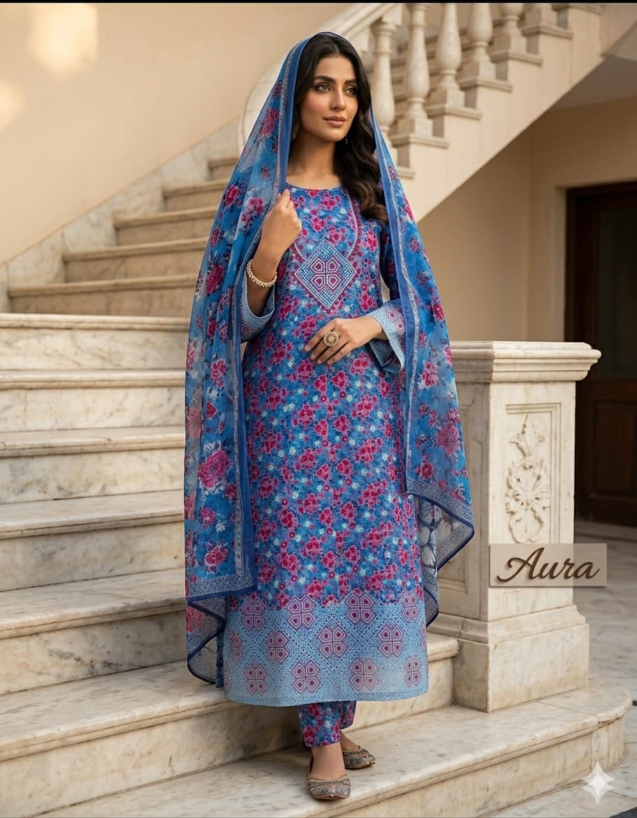 Azure Bloom Stitched 3-Piece Floral Ensemble