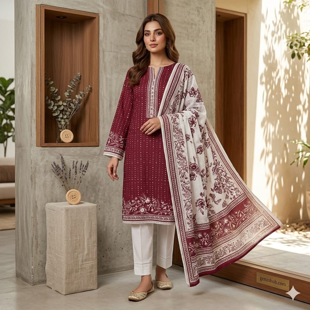 Maroon Polka-Dot Floral Unstitched 3-Piece Ensemble