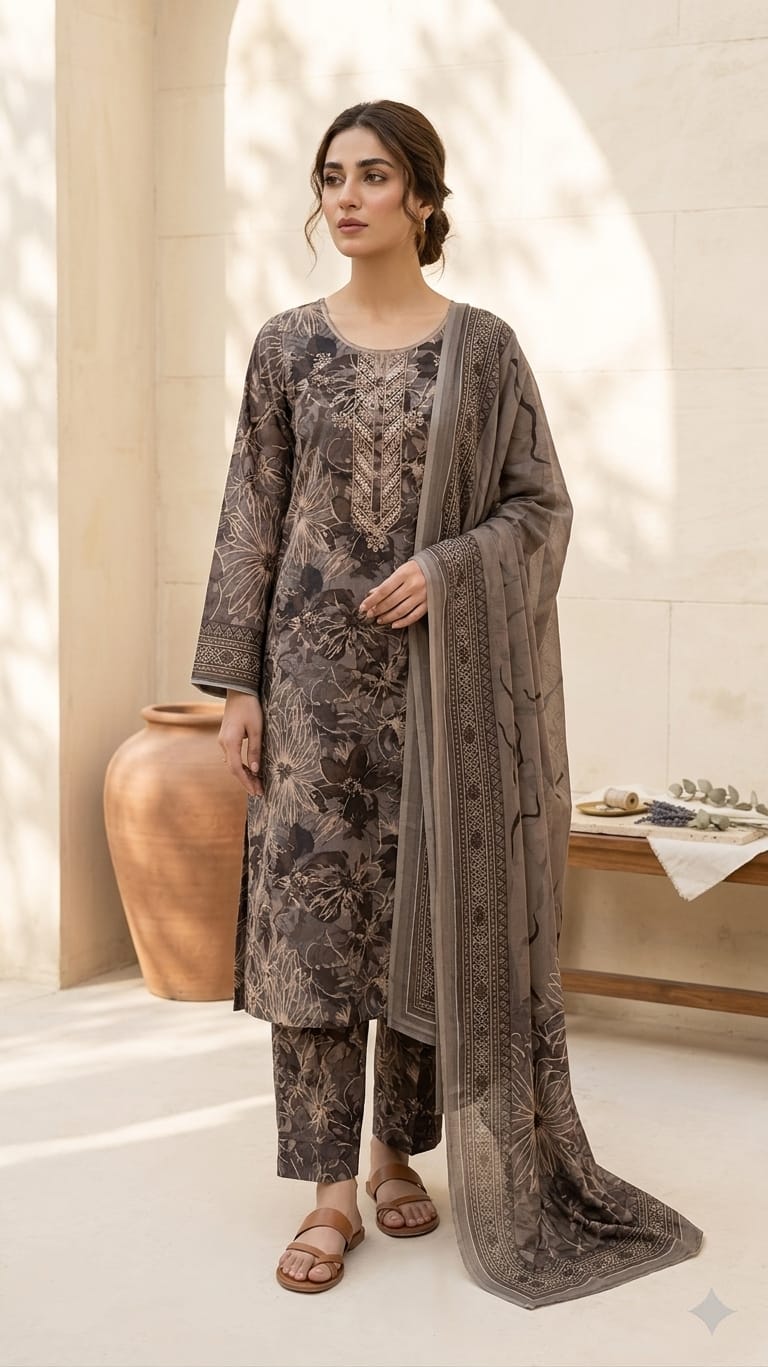 Ethereal Charcoal – Embroidered 3-Piece Printed Lawn Suit