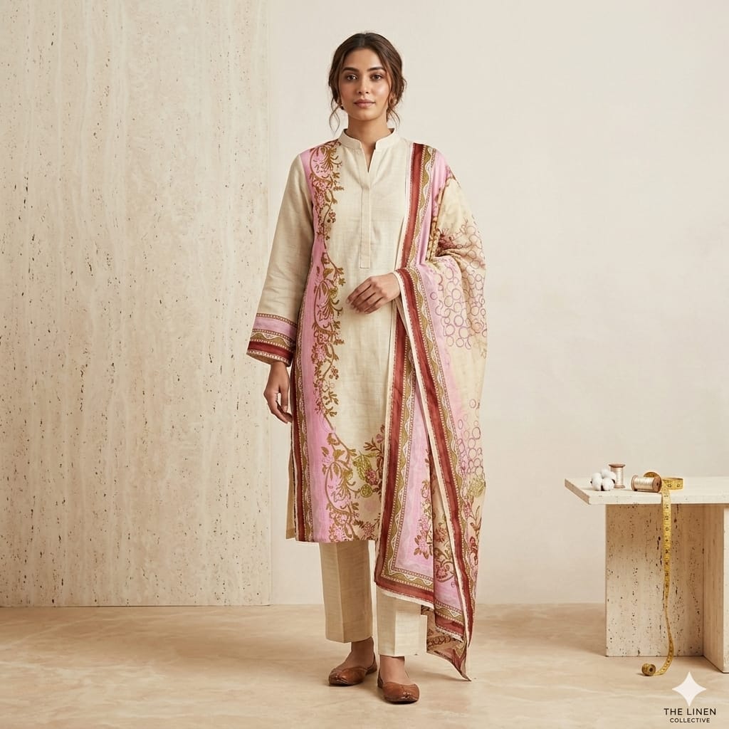Beige Floral Un-Stitched Linen Ensemble