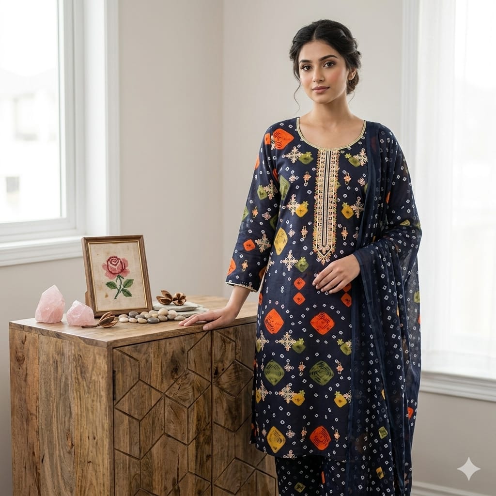 Midnight Bandhani – Embroidered 3-Piece Ethnic Suite