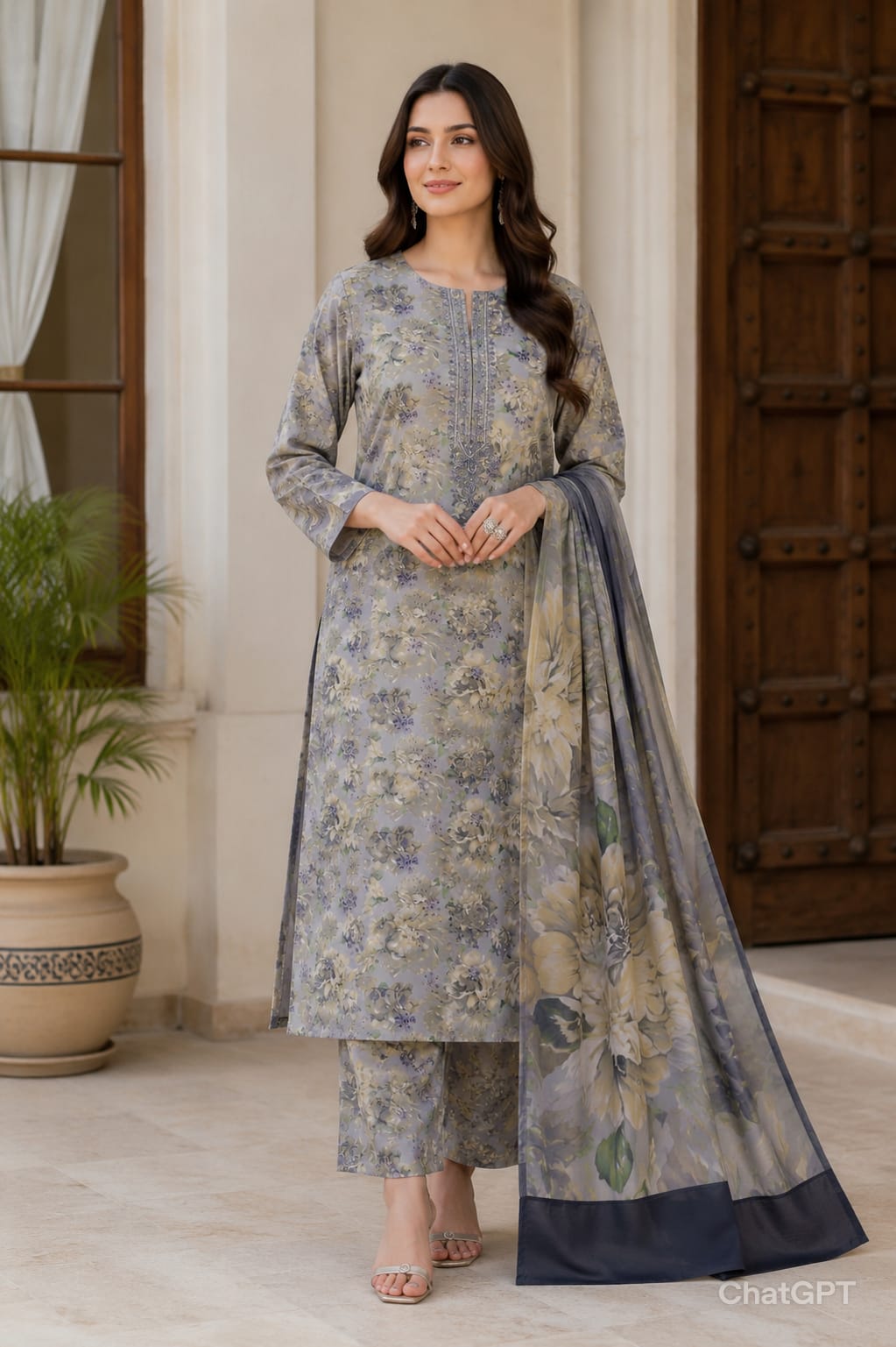 Elegant Grey Floral Lawn Suit – Luxury Women’s Summer Collection