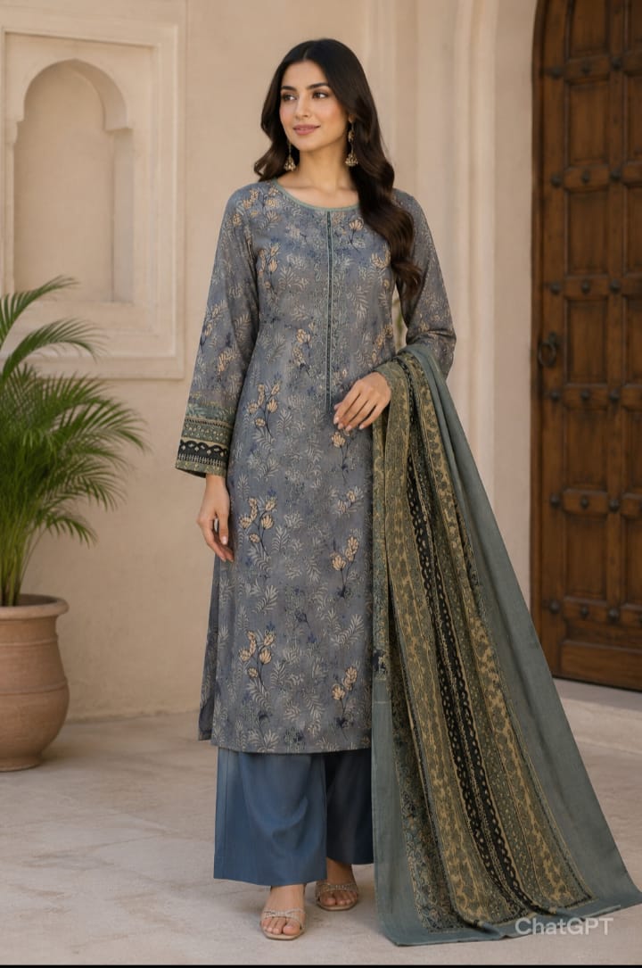 Elegant Grey Blue Printed Lawn Suit – Women’s Premium Summer Collection