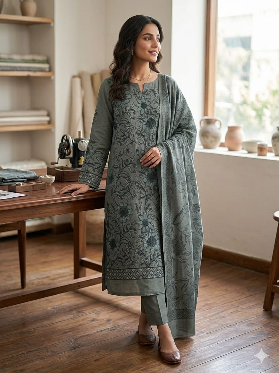 Folk Floral – Embroidered Slate Grey Unstitched Three-Piece Suit