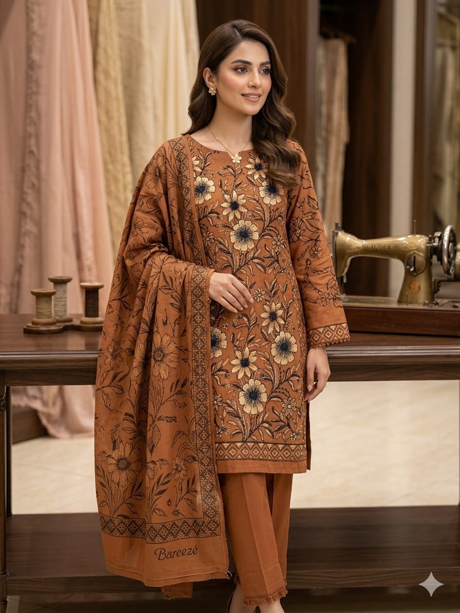Folk Floral – Rust Terracotta Embroidered Unstitched Three-Piece Suit