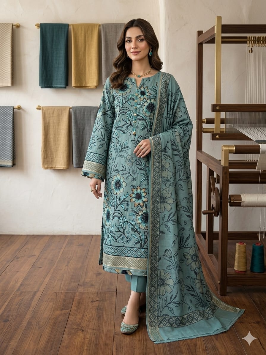 Folk Floral – Seafoam Mint Embroidered Unstitched Three-Piece Suit