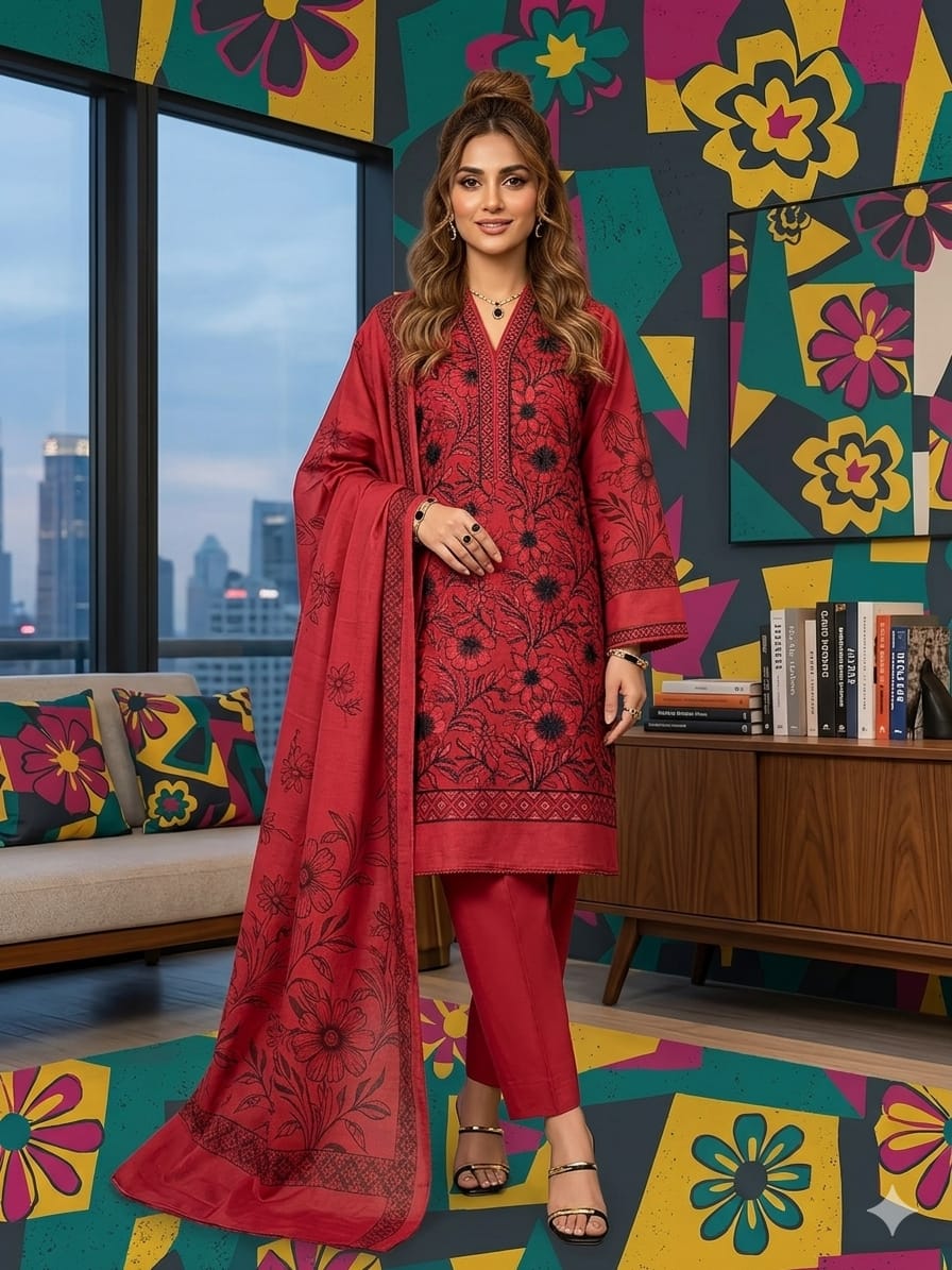 Folk Floral – Crimson Ruby Embroidered Unstitched Three-Piece Suit