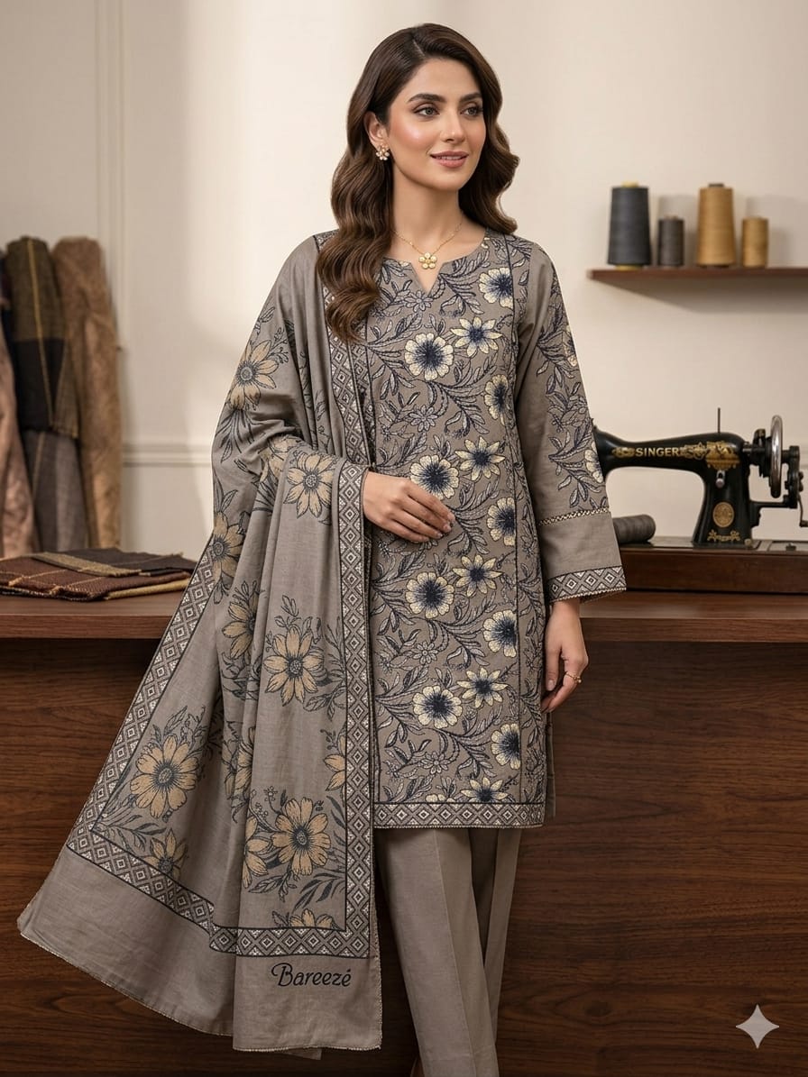 Folk Floral – Slate Taupe Embroidered Unstitched Three-Piece Suit