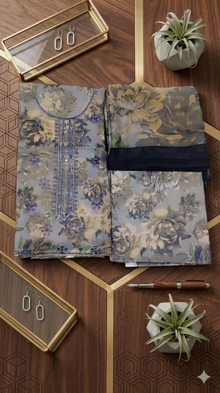 Elegant Grey Floral Lawn Suit – Luxury Women’s Summer Collection