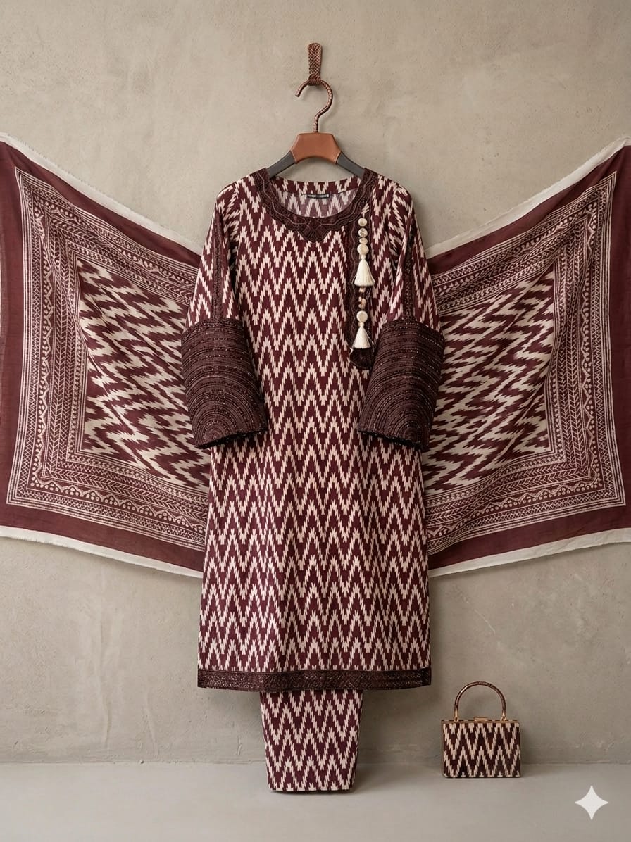 Elevated Chevron: 3-Piece Stitched Embroidered Lawn Suite with Matching Handbag