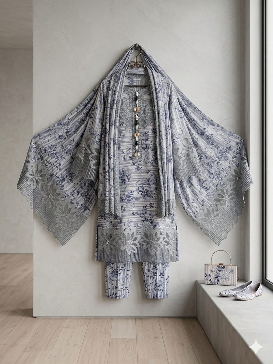 Serene Azure: 3-Piece Stitched Embroidered Lawn Suite with Matching Handbag