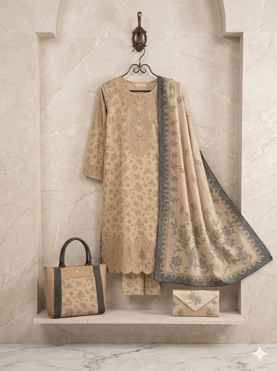 Golden Grace: 3-Piece Stitched Embroidered Lawn Suite