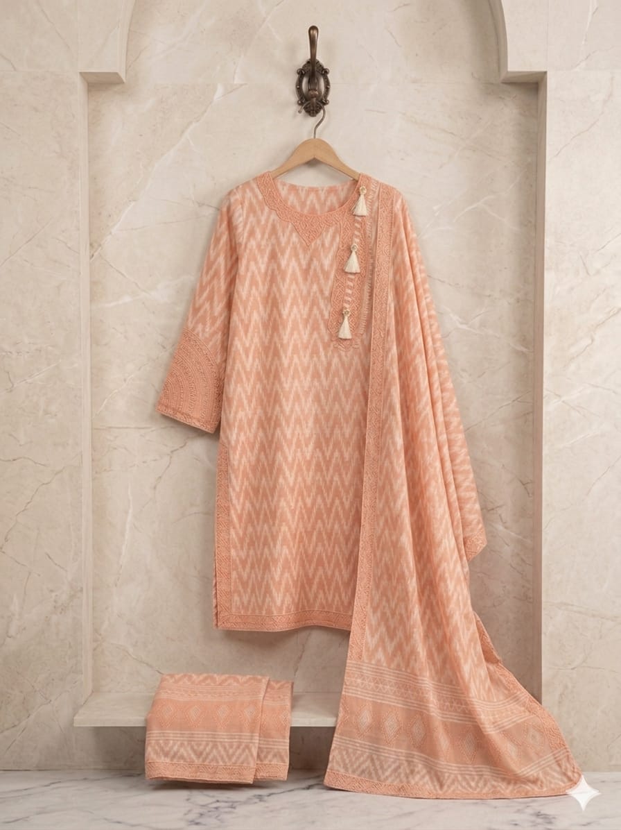 Peach Ikat: 3-Piece Stitched Embroidered Lawn Suit with Matching Clutch bag