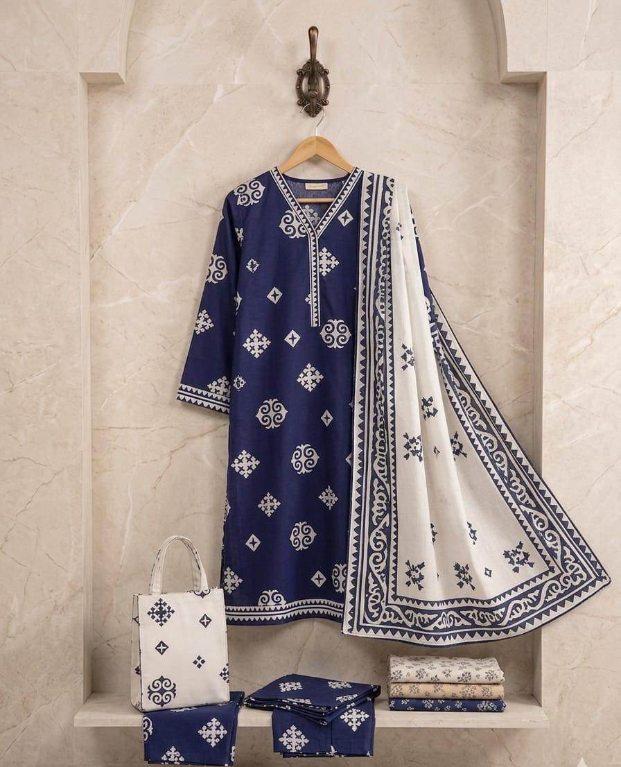 Royal Blue Geometric Print Kurta & Dupatta Set – 3-Piece Festive Collection