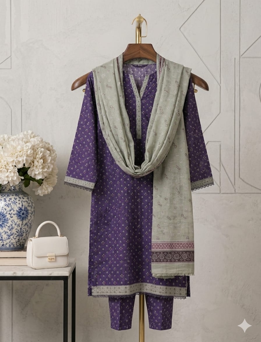 Deep Plum Plum Floral Print 3-Piece Lawn Ensemble with Sage Green Dupatta