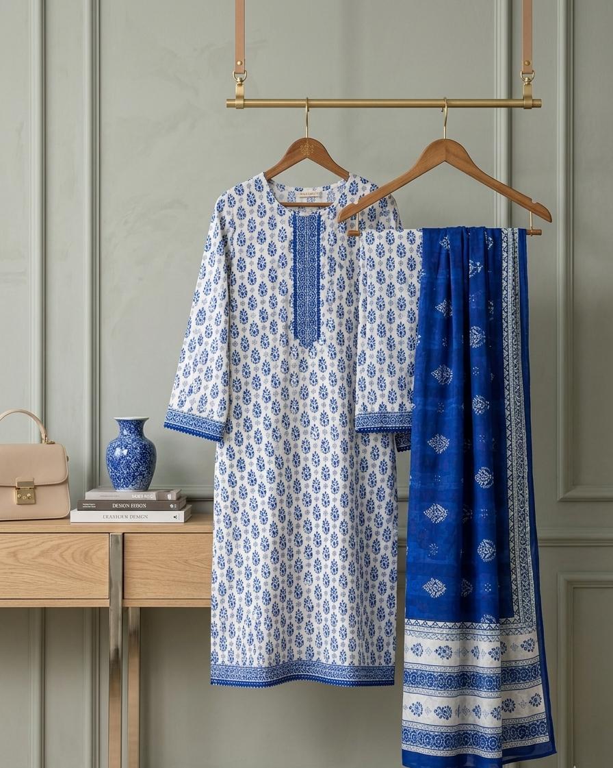 Cerulean Blue & White Floral Jaal Print 3-Piece Lawn Suite