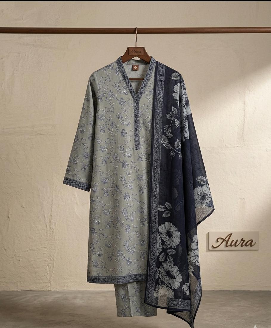 Serene Slate Floral stitched 3-Piece Suite