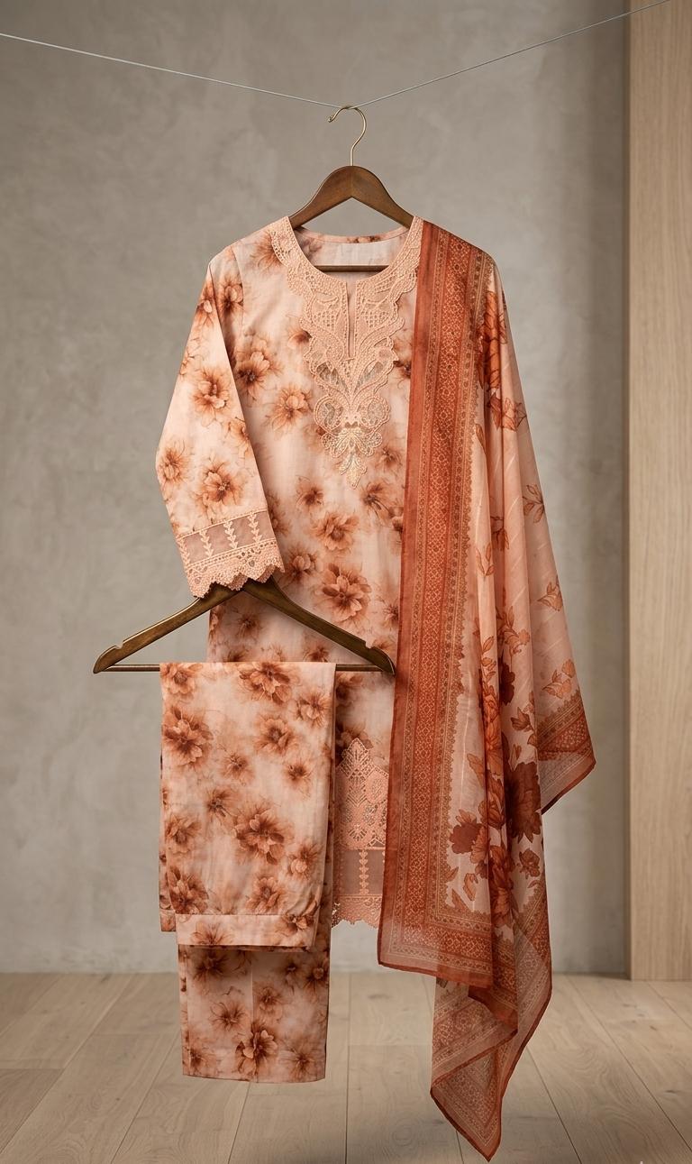 Peach Floral Rust-Accented Stitched 3-Piece Suite