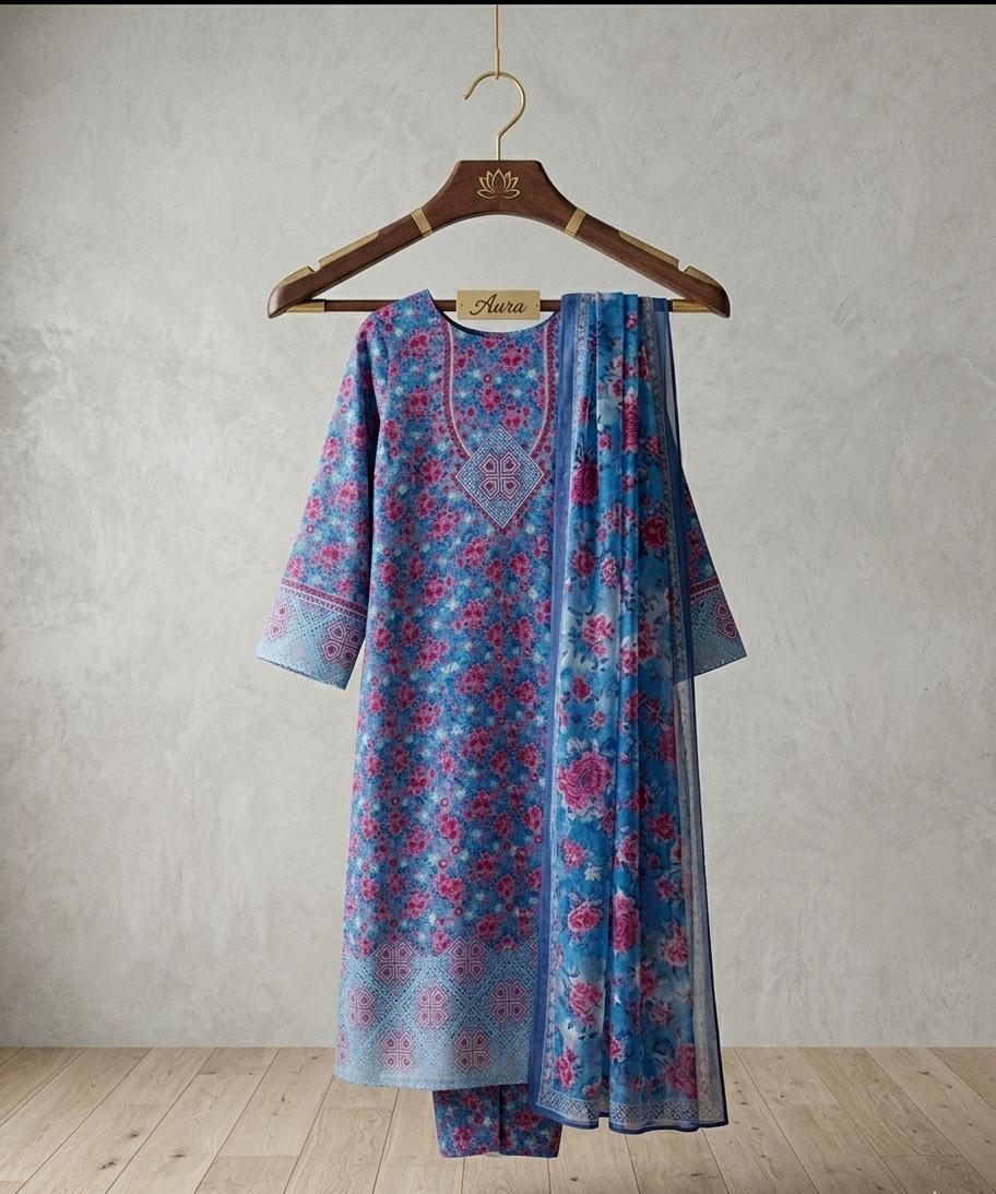 Azure Bloom Stitched 3-Piece Floral Ensemble