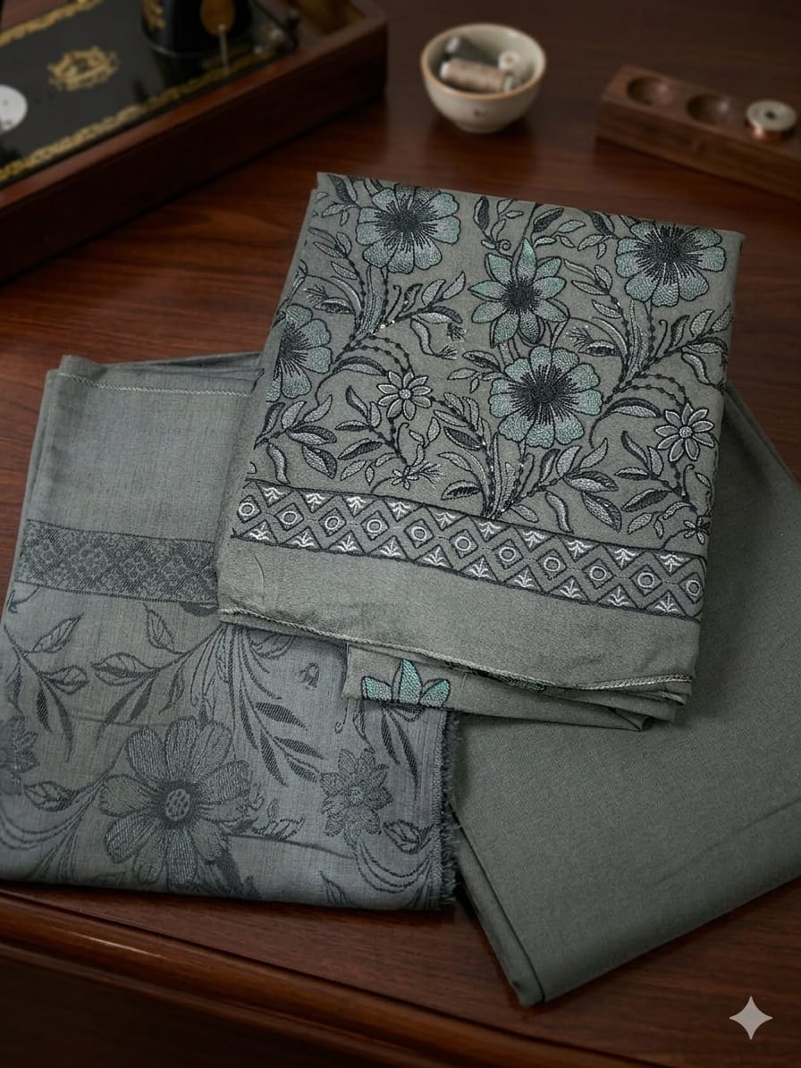 Folk Floral – Embroidered Slate Grey Unstitched Three-Piece Suit