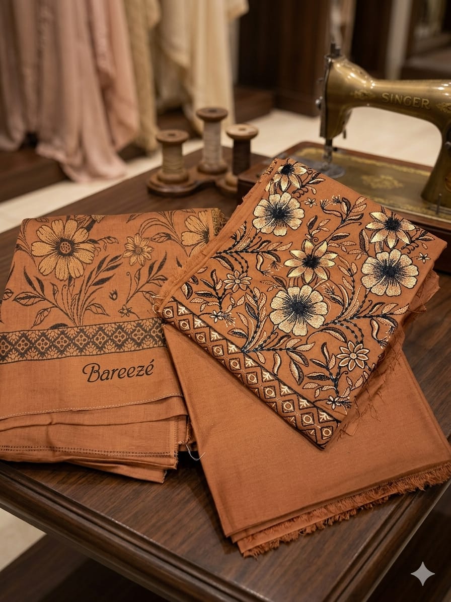 Folk Floral – Rust Terracotta Embroidered Unstitched Three-Piece Suit