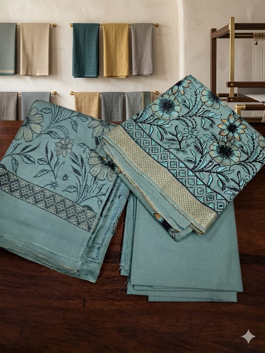Folk Floral – Seafoam Mint Embroidered Unstitched Three-Piece Suit
