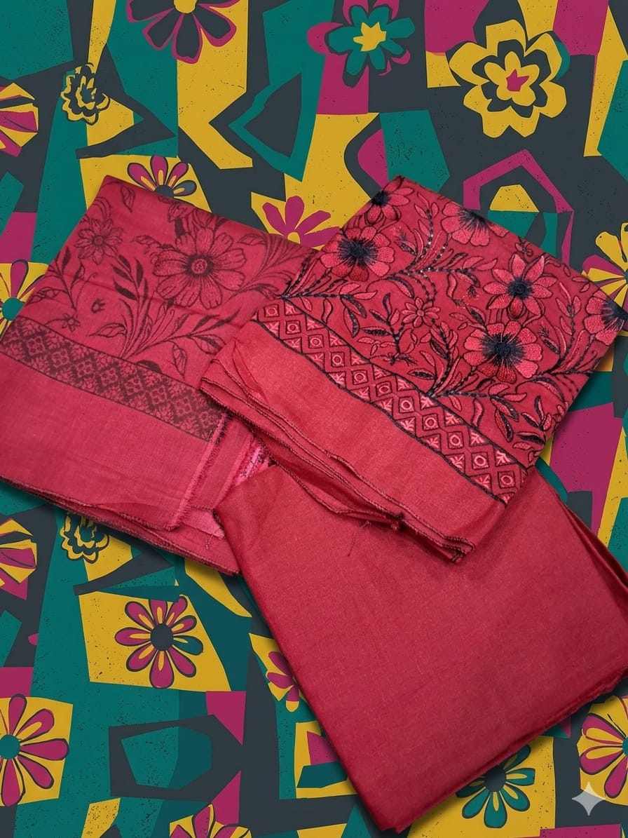 Folk Floral – Crimson Ruby Embroidered Unstitched Three-Piece Suit