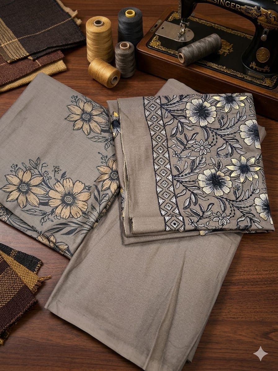 Folk Floral – Slate Taupe Embroidered Unstitched Three-Piece Suit